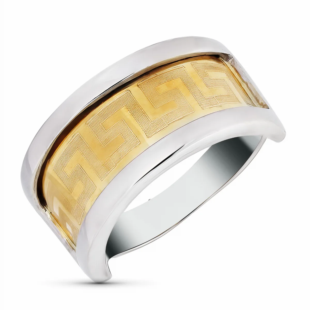 18K SORTIJA ORO BICOLOR MOTIVO GRECA BRILLO. ANCHO: 10 MM