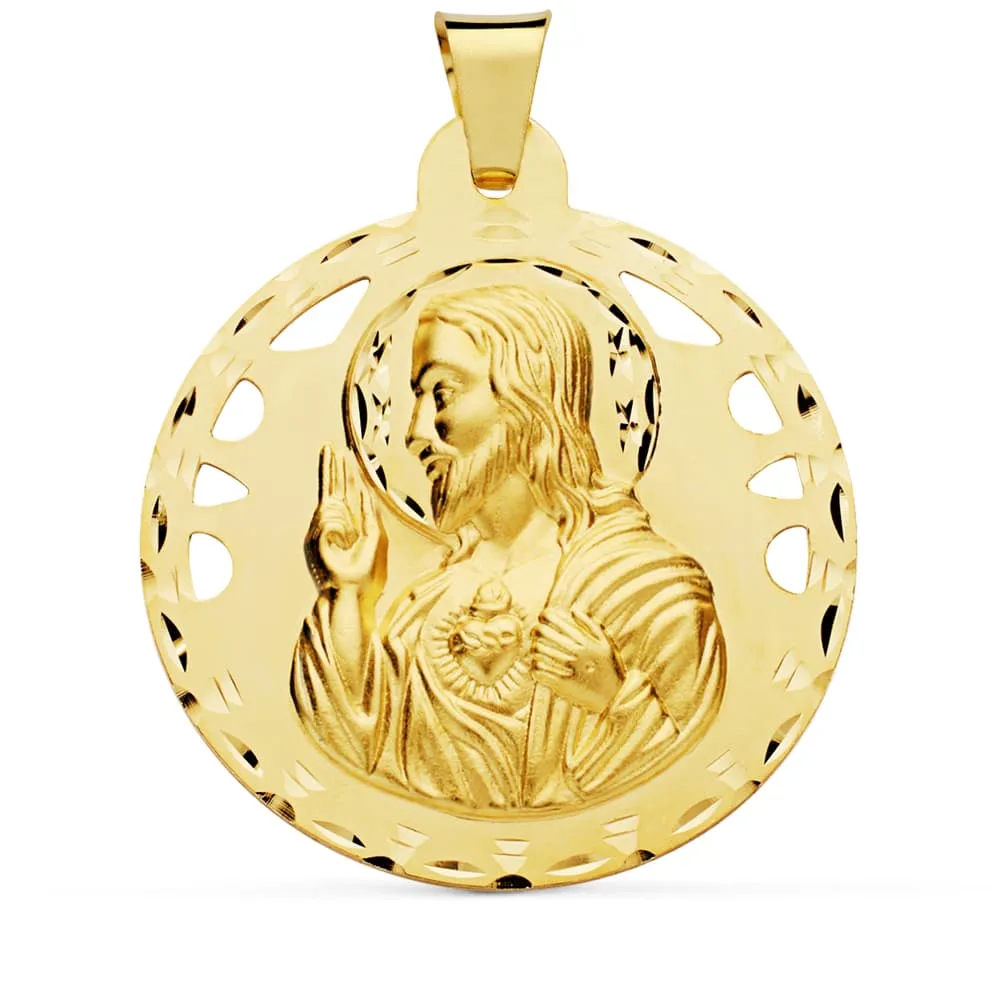 18K MEDALLA ORO AMARILLO CRISTO SAGRADO CORAZON DE JESUS CALADO Y TALLADO 42 MM