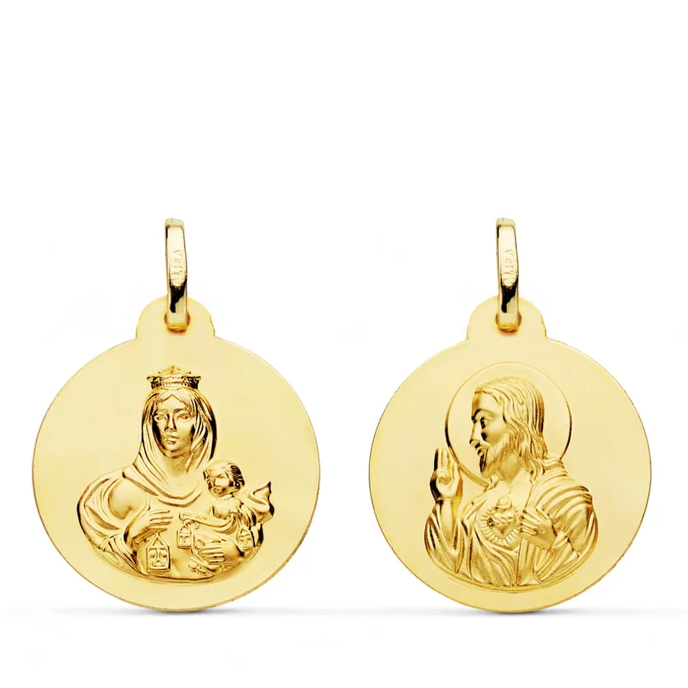 18K ESCAPULARIO ORO AMARILLO LISO VIRGEN DEL CARMEN CORAZON DE JESUS 20 MM