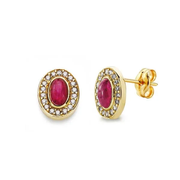 18K PENDIENTES ORO AMARILLO PIEDRA ROJA 9X7 MM CIERRE PRESION