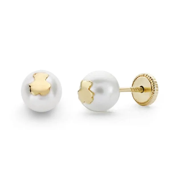 18K PENDIENTES PERLA CULTIVADA ORO AMARILLO PERLA Y OSO  6 MM CIERRE TUERCA