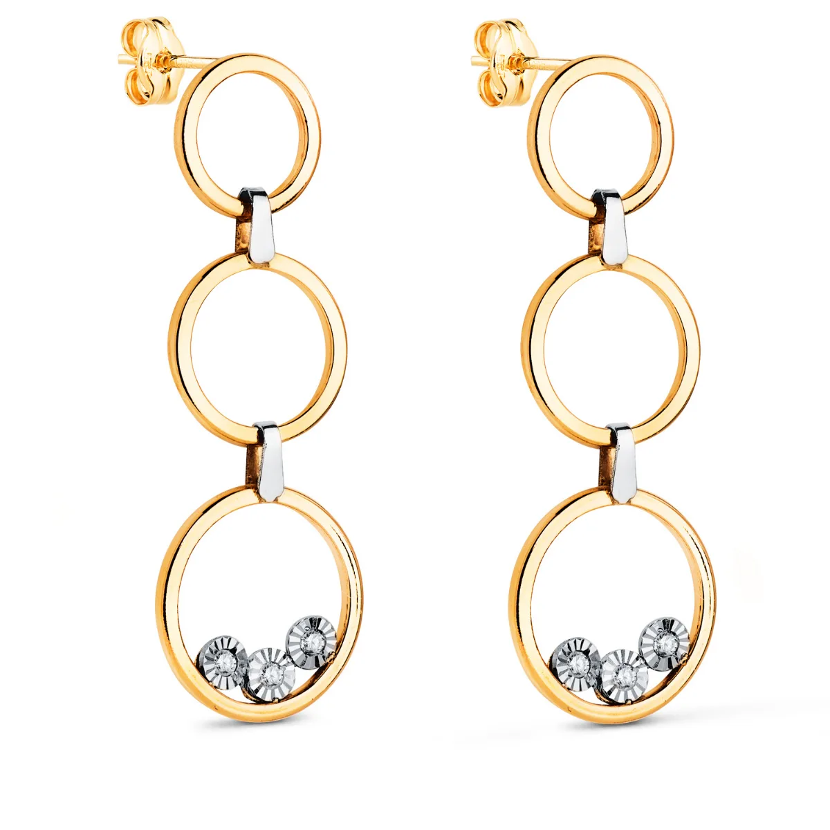 18K PENDIENTES ORO BICOLOR LARGOS TRES AROS CON CIRCONITAS. MEDIDA: 34 X 11 MM. CIERRE PRESION