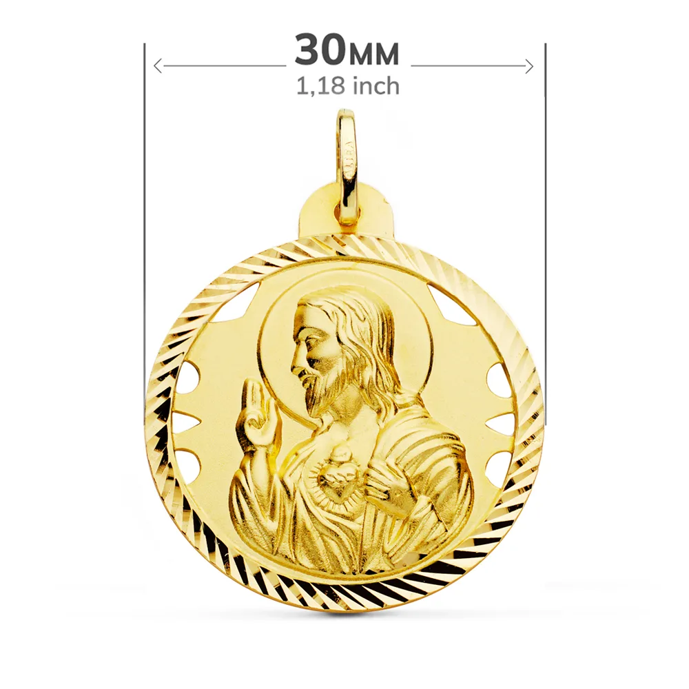 18K ESCAPULARIO ORO AMARILLO HELICE CALADO VIRGEN CARMEN Y CORAZON DE JESUS 30 MM — vista 2