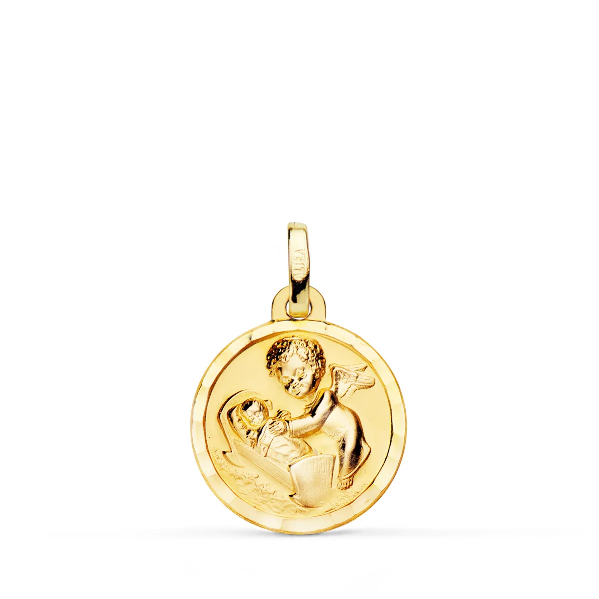 18K MEDALLA ORO AMARILLO ANGEL DE LA GUARDA CON NIÑO 15 MM BISEL