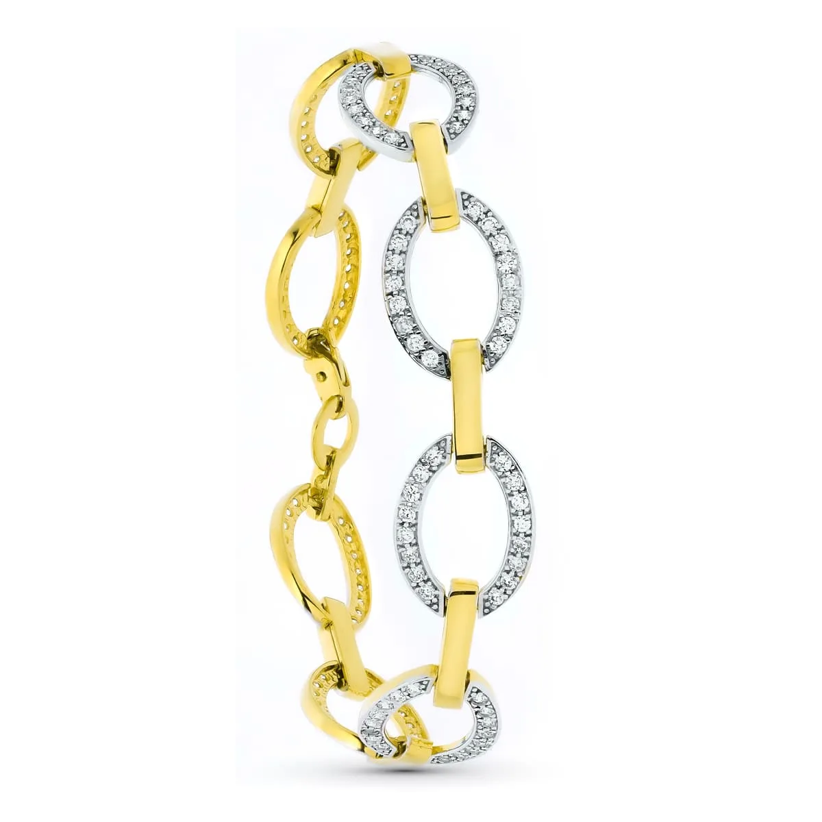 18K PULSERA ORO BICOLOR ESLABONES CIRCULOS Y CIRCONITAS