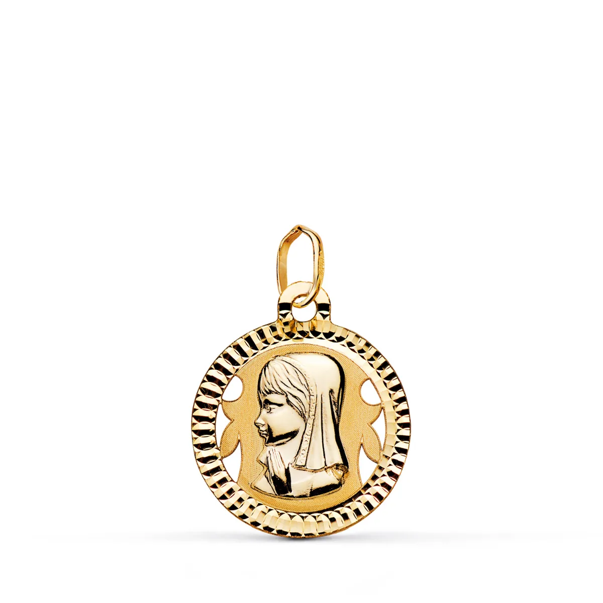 18K MEDALLA ORO AMARILLO VIRGEN NIÑA REDONDA TALLADA MATE Y BRILLO. MEDIDA: 16 MM