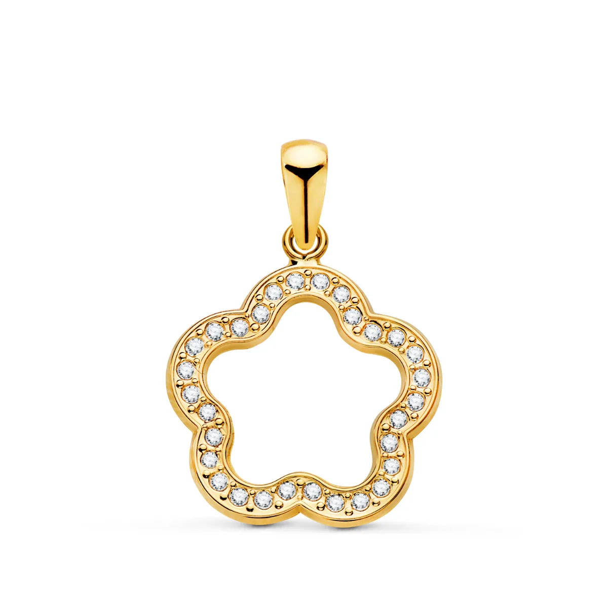18K COLGANTE ORO AMARILLO FLOR CERCO CON CIRCONITA 15X15 MM