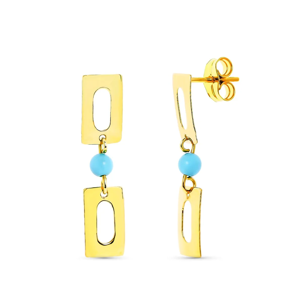 18K PENDIENTES ORO AMARILLO LARGOS TURQUESA 3MM RECTANGULOS PRESION