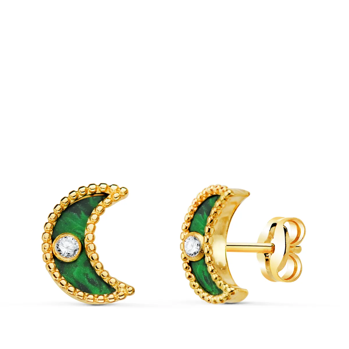18K PENDIENTES ORO AMARILLO LUNA CERCO BOLITAS Y MALAQUITA CON CIRCONITA 10X7 MM. CIERRE PRESION
