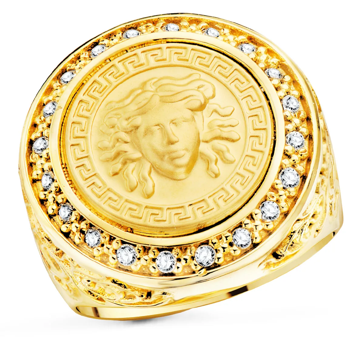 18K SELLO ORO AMARILLO MEDUSA VERSACE MATE 15 MM CON CIRCONITA ANCHO 21 MM
