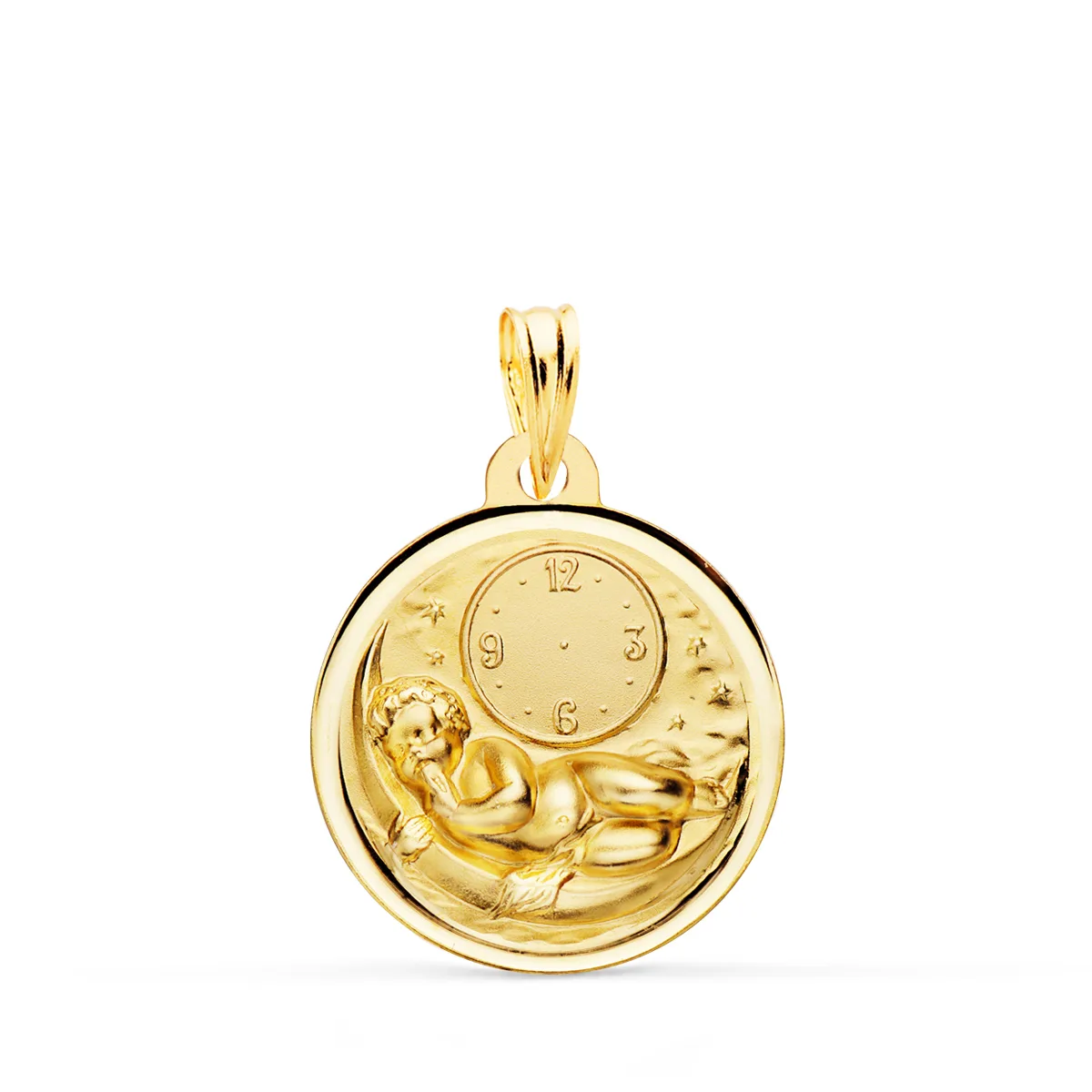 18K MEDALLA ORO AMARILLO NIÑO DE LA HORA SOBRE LUNA CON RELOJ EN BISEL 18 MM