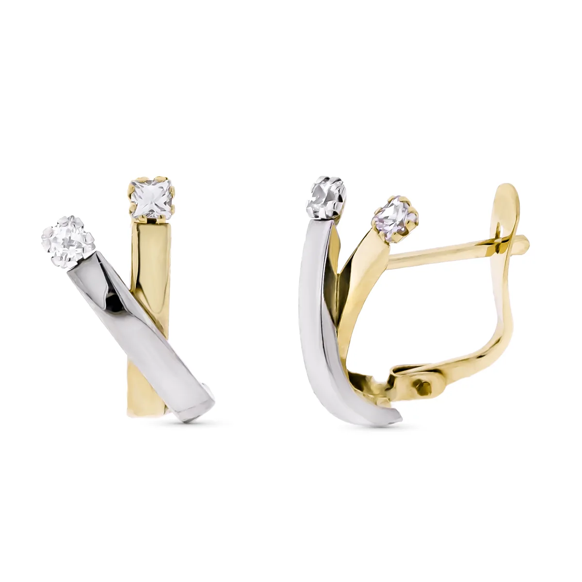9K PENDIENTES ORO BICOLOR BANDA Y CIRCONITA 13X6 MM CIERRE CATALAN