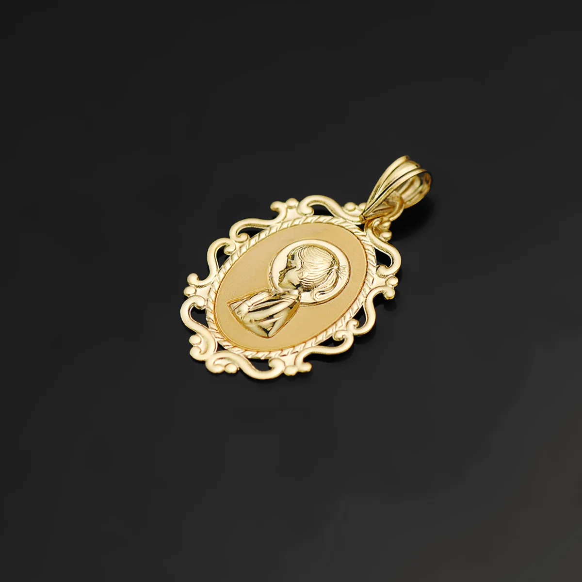 18K MEDALLA ORO AMARILLO VIRGEN NIÑA PERFIL CERCO CALADO BRILLO 23X16 MM — vista 2