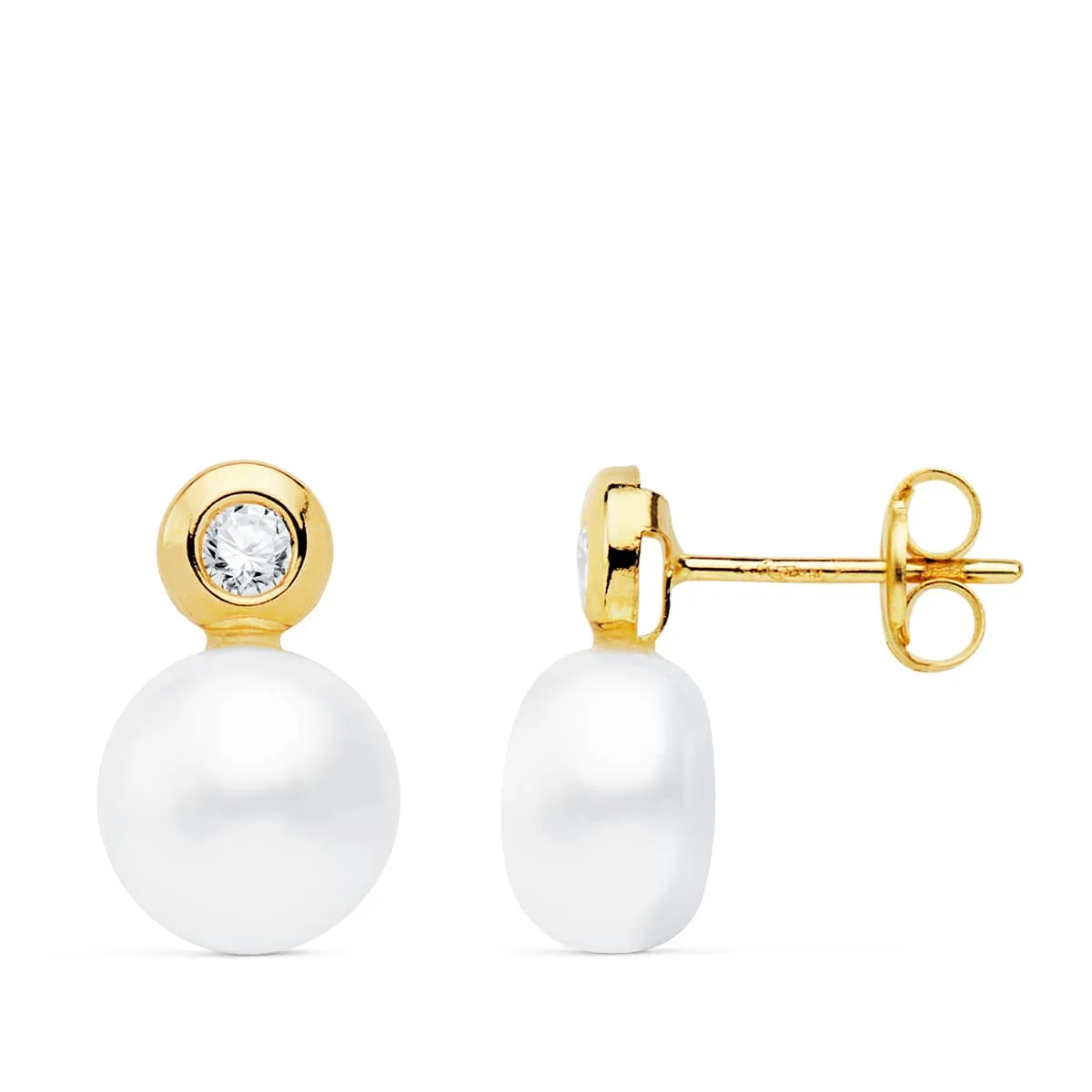 18K PENDIENTES ORO AMARILLO PERLA Y CHATON. 13X8 MM CIERRE PRESION