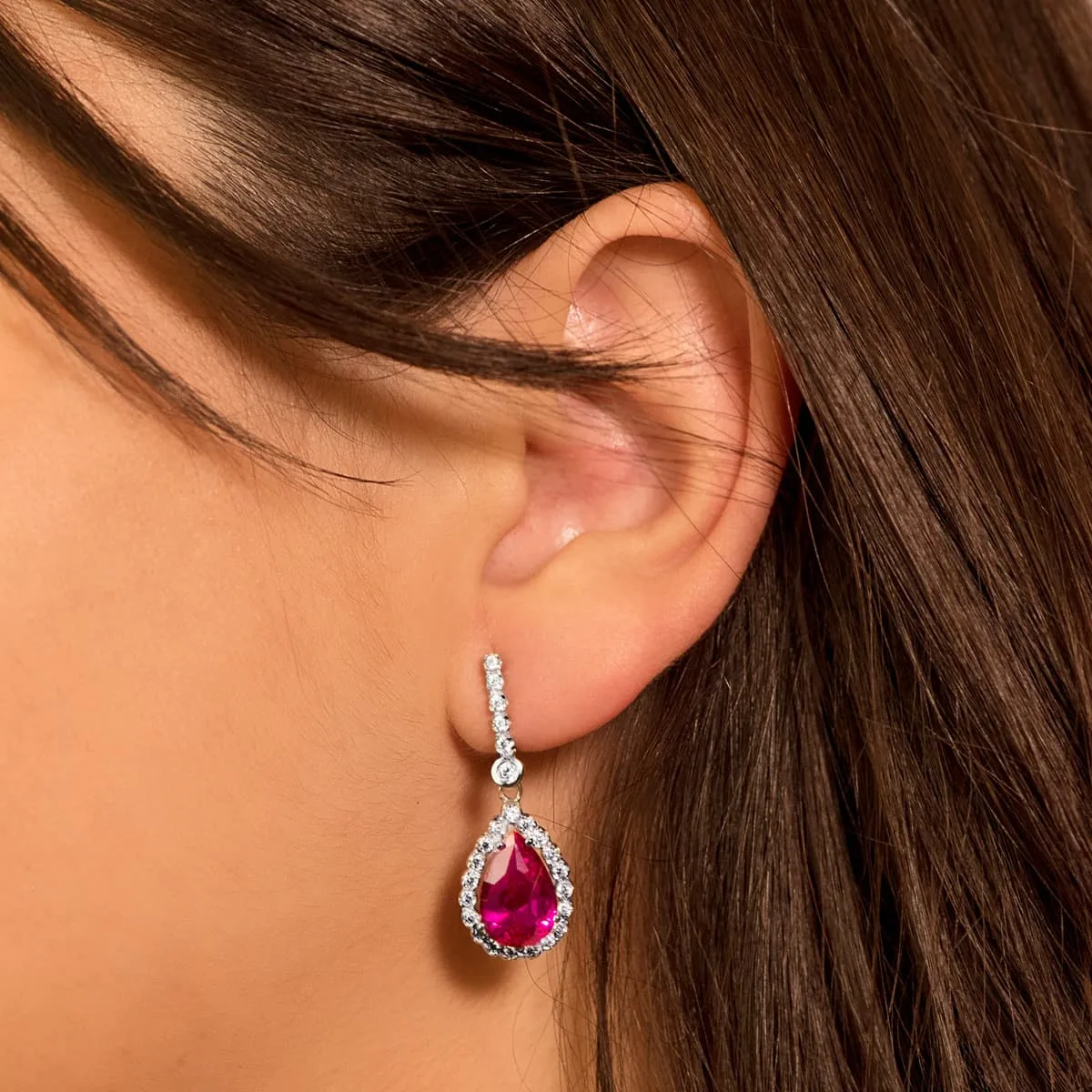 18K PENDIENTES ORO BLANCO DOS CUERPOS CON PIEDRA ROJA 12 X 8MM. 33X12MM CIERRE PRESION — vista 2