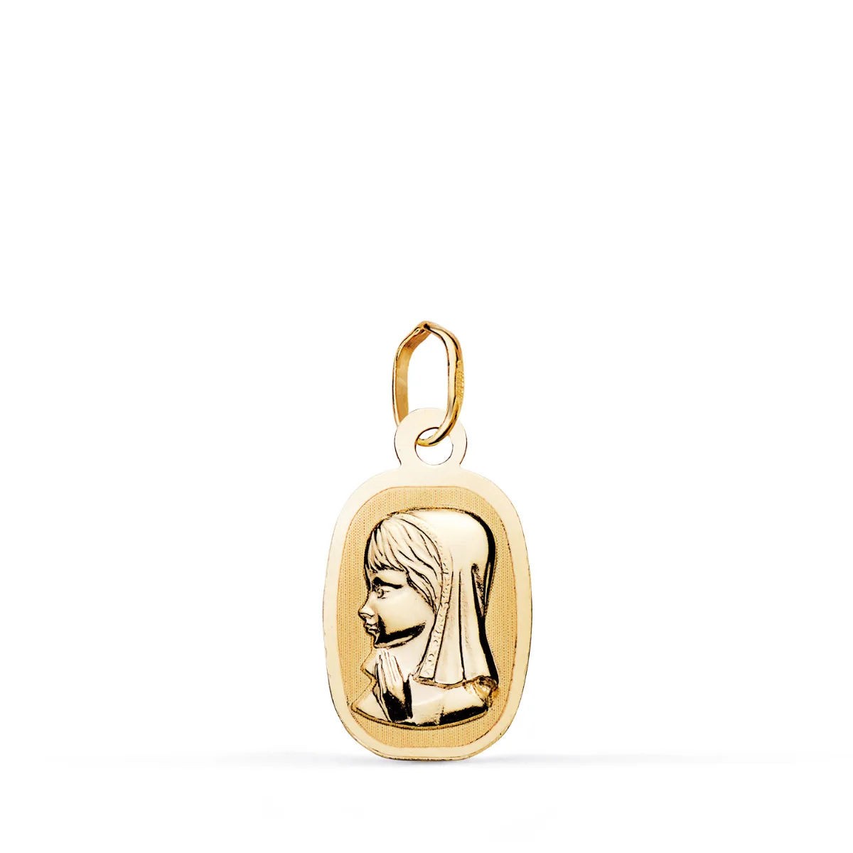 18K MEDALLA ORO AMARILLO VIRGEN NIÑA LIGERA TONEL MATE Y BRILLO. MEDIDA: 17 X 10 MM