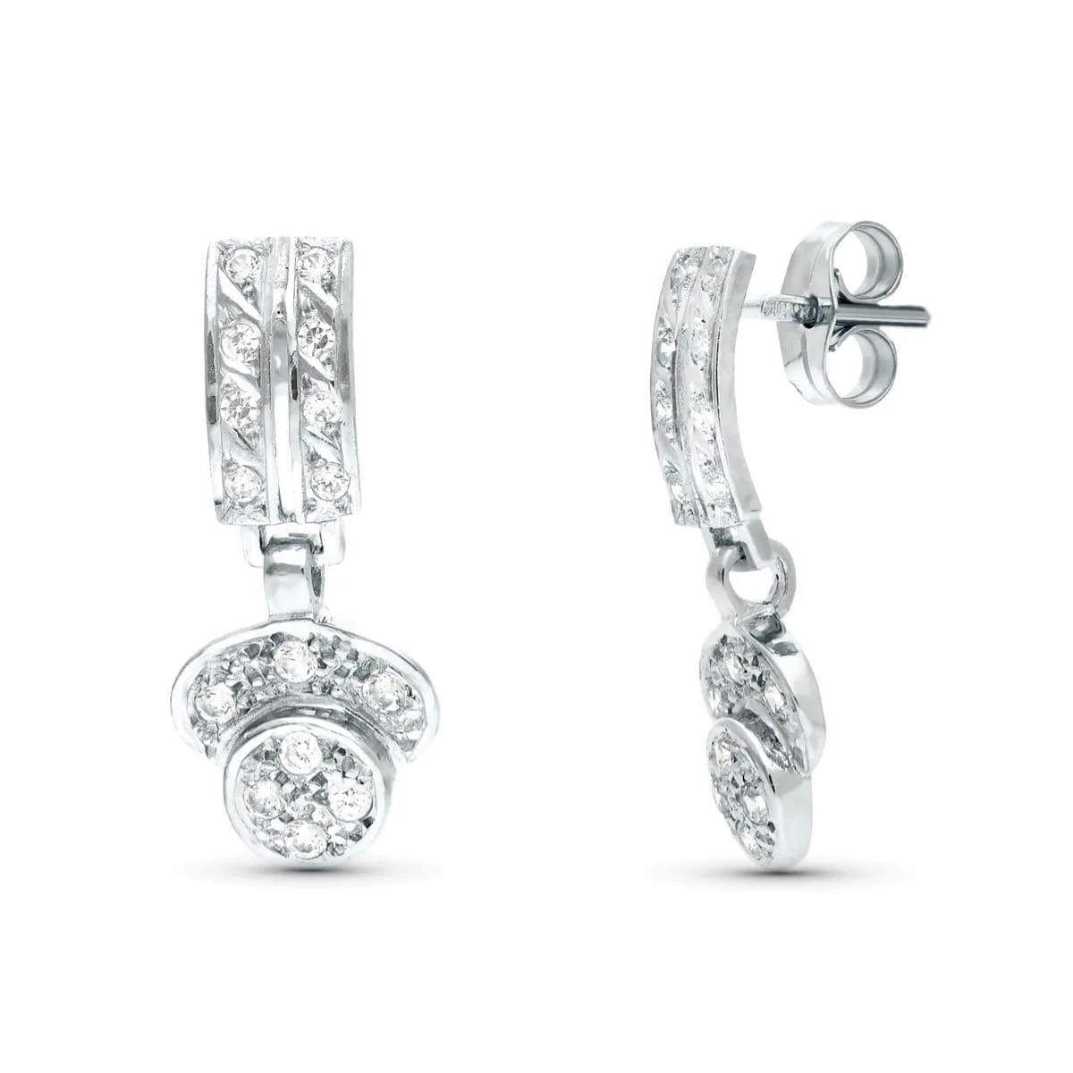 18K PENDIENTES ORO BLANCO JUEGO NOVIA DOS CUERPOS CIRCONITA 20X9 MM PRESION