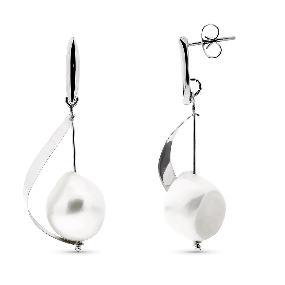 18K PENDIENTES ORO BLANCO LARGOS CON PERLA Y BARRA CIERRE PRESION