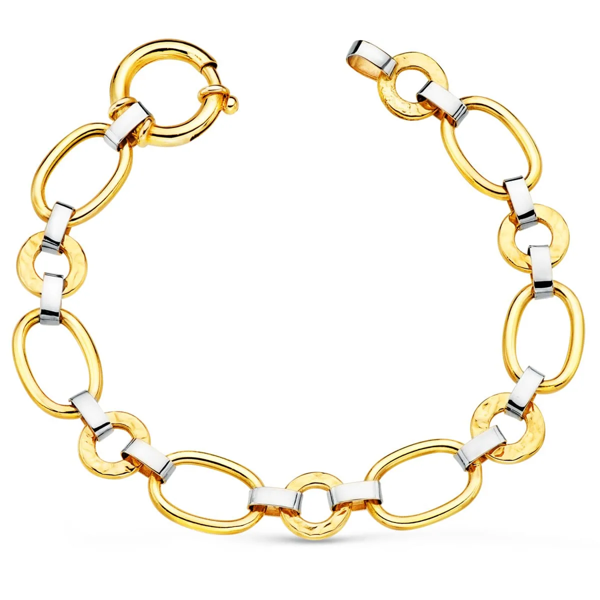 18K PULSERA ORO BICOLOR ESLABONES OVALES Y REDONDOS ANCHO 11 MM LARGO 19CM