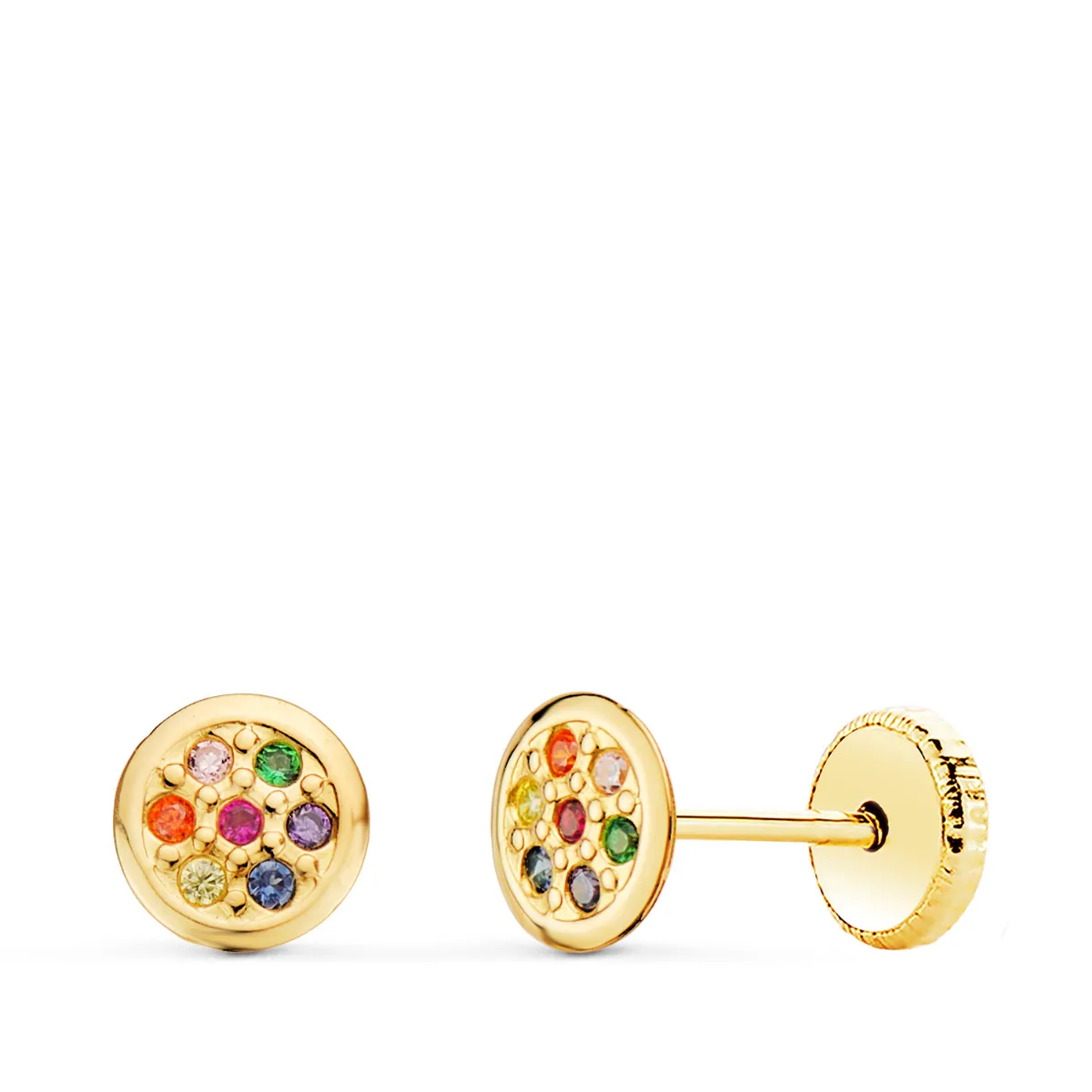 18K PENDIENTES ORO AMARILLO REDONDOS CON CIRCONITA COLORES 5,5 MM CIERRE TUERCA