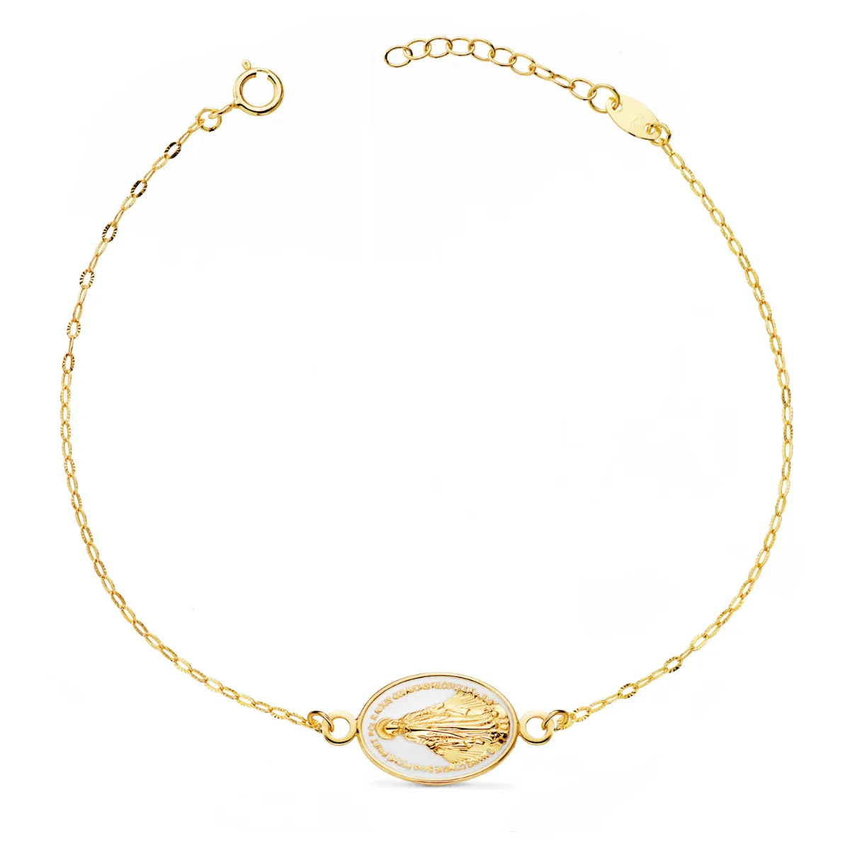 18K PULSERA ORO AMARILLO VIRGEN MILAGROSA ESMALTE BLANCO 13X10 MM. CADENA TALLADA: LARGO: 17-3 CM