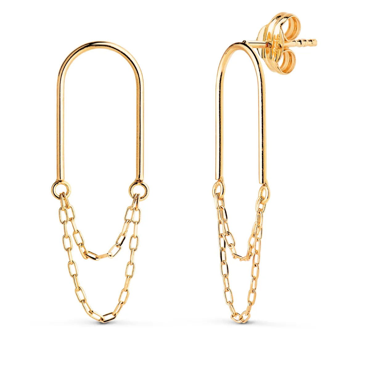 18K PENDIENTES ORO AMARILLO ARCO CON DOBLE CADENA. MEDIDA: 26 X 8 MM. CIERRE PRESION