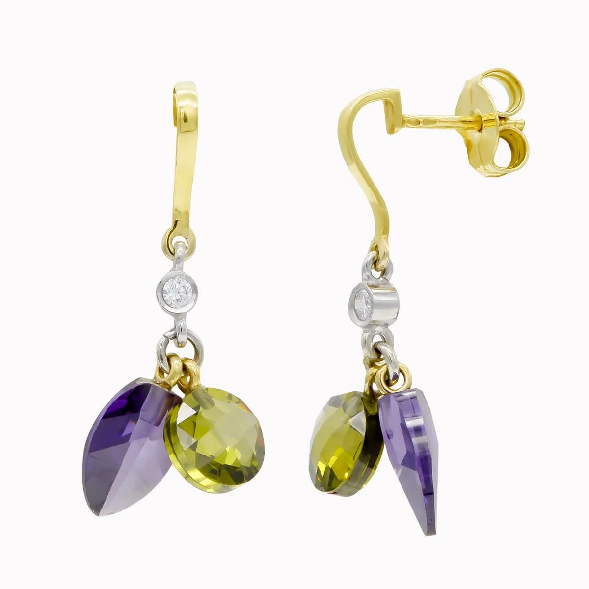 18K PENDIENTES ORO BICOLOR AMATISTA Y OLIVINA CIERRE PRESION