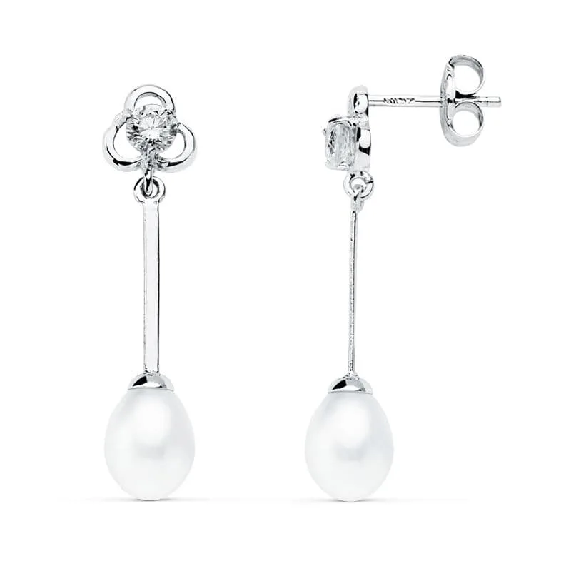 18K PENDIENTES LARGOS ORO BLANCO PERLA 27X6 MM CIERRE PRESION
