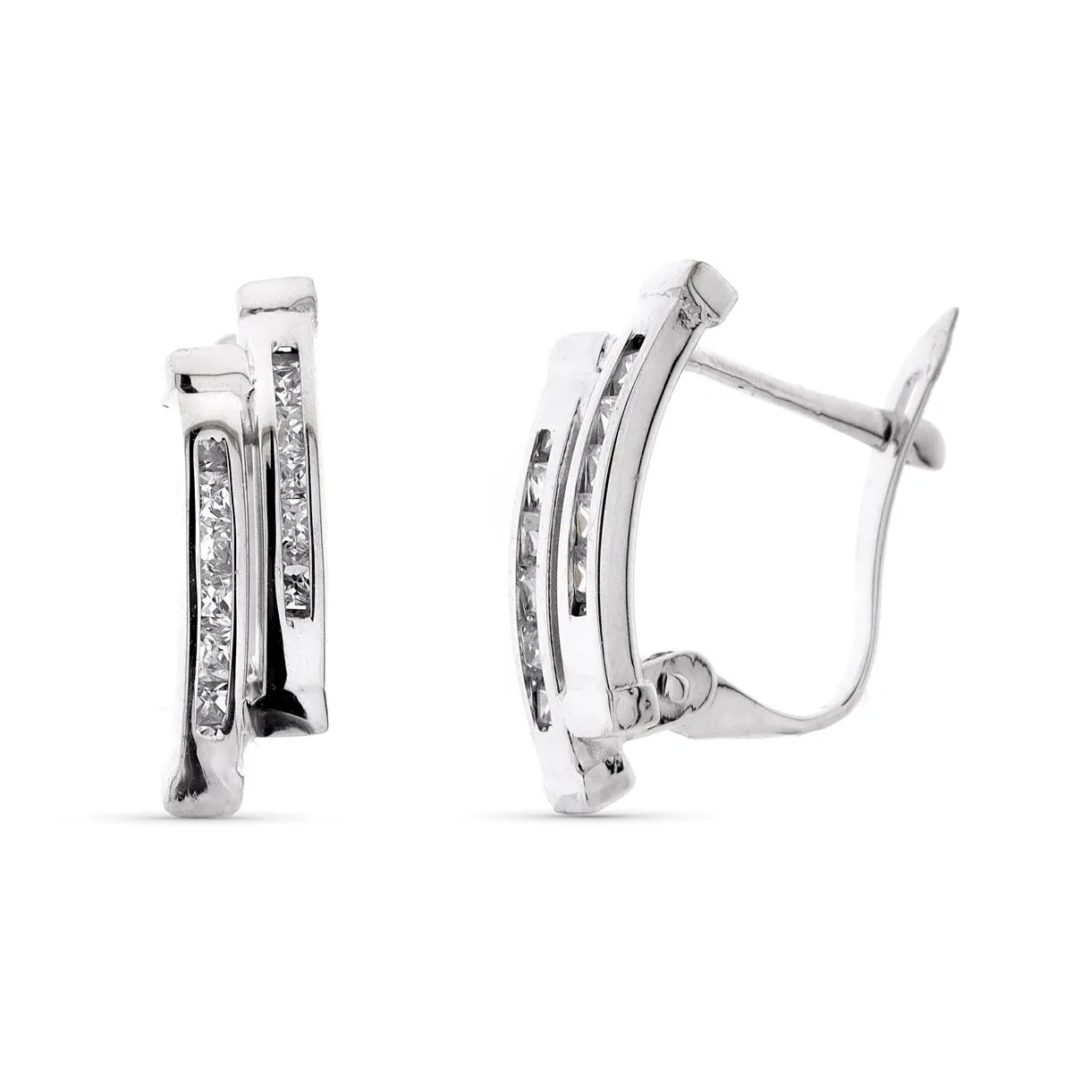 9K PENDIENTES ORO BLANCO BANDAS CON CIRCONITA 15X5 MM CIERRE CATALAN