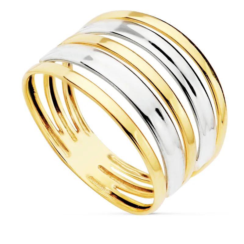18K SORTIJA ORO BICOLOR BANDAS EN BRILLO ANCHO 13 MM