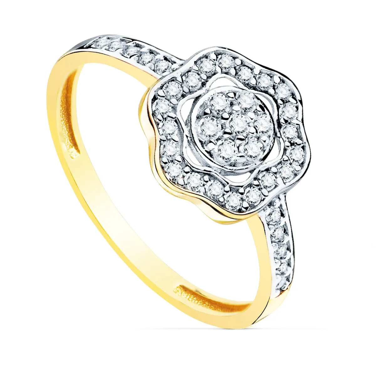 18K SORTIJA ORO BICOLOR FLOR CON CIRCONITA 11 MM ANCHO CUERPO 2 MM
