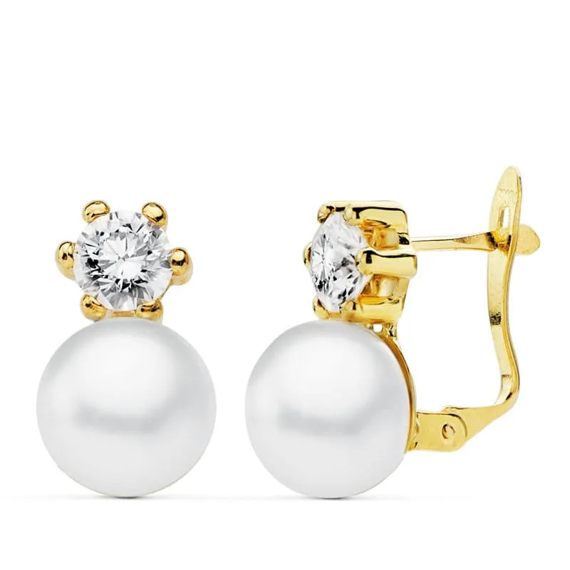 18K PENDIENTES PERLA 9 MM Y GARRA CIRCONITA ORO AMARILLO 5 MM CIERRE CATALAN