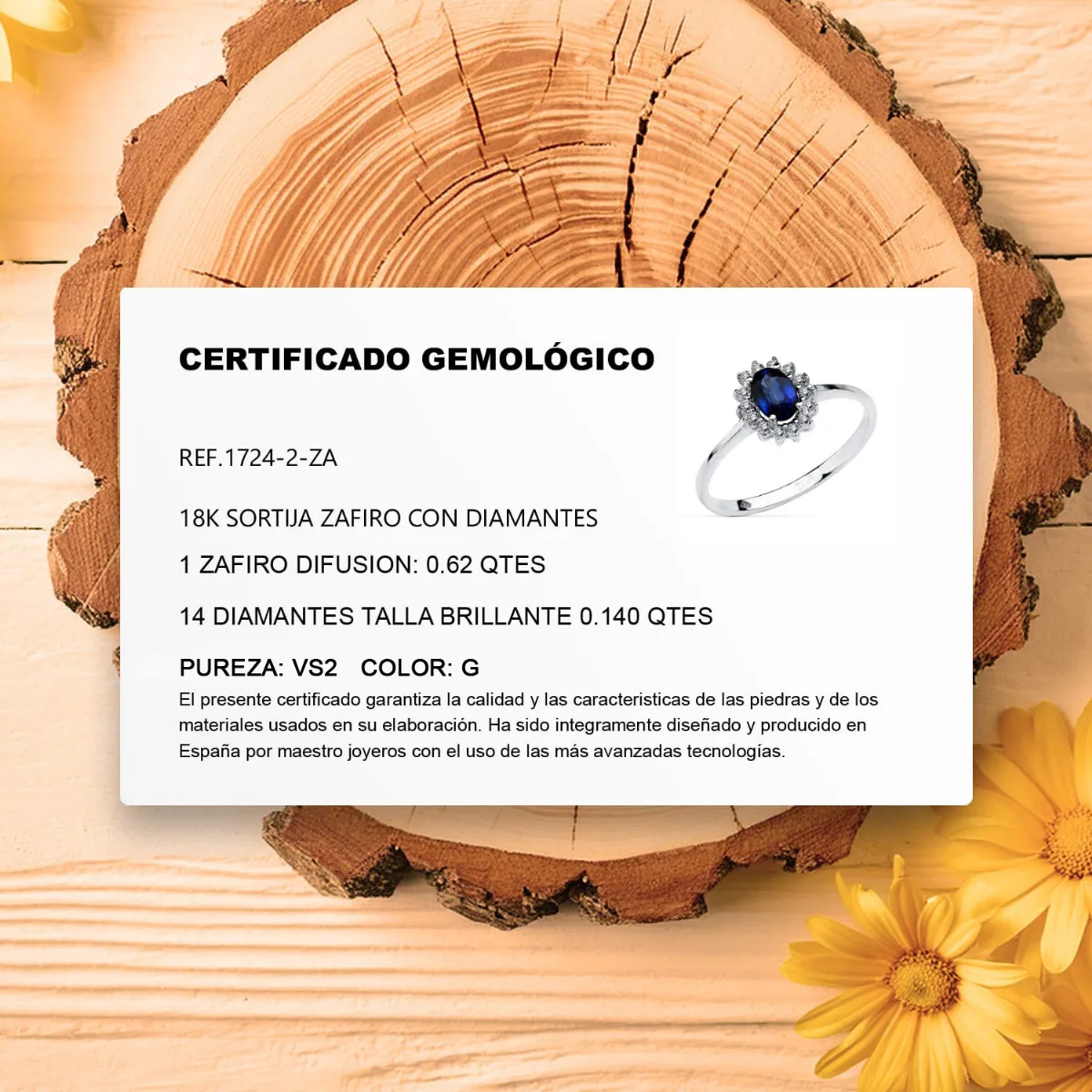 18K SORTIJA ORO BLANCO ZAFIRO DIFUSION 6X4 MM 0,62 QTS.  DIAMANTES LABORATORIO 0,14 QTS. VS2-G 9,5X8 MM — vista 3