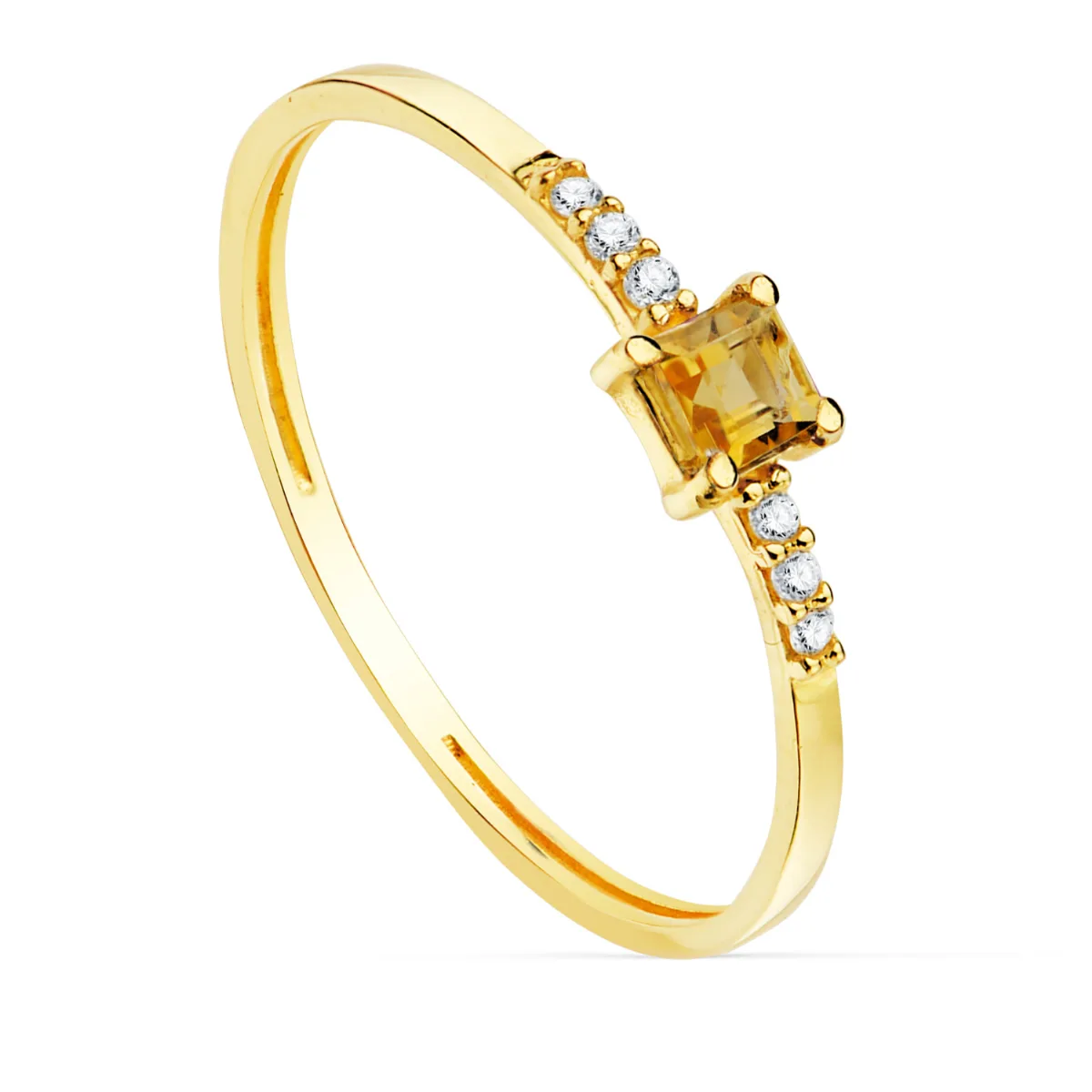 18K SORTIJA ORO AMARILLO 6 DIAMANTES 0.030QTS. G-VS2 CITRINO 3X3MM CUERPO 1MM