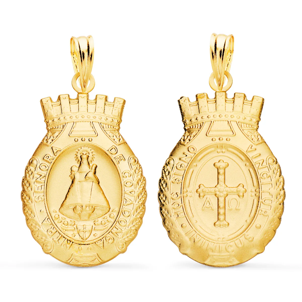 18K ESCAPULARIO ORO AMARILLO ESCUDO VIRGEN COVADONGA Y CRUZ DE LA VICTORIA 25X16 MM