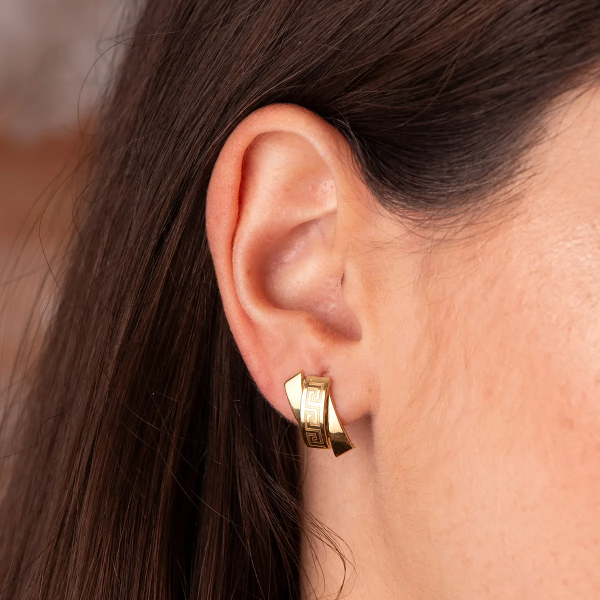 18K PENDIENTES ORO AMARILLO BANDAS CON GRECA. 16 X 8.5 MM. CIERRE PRESION — vista 2