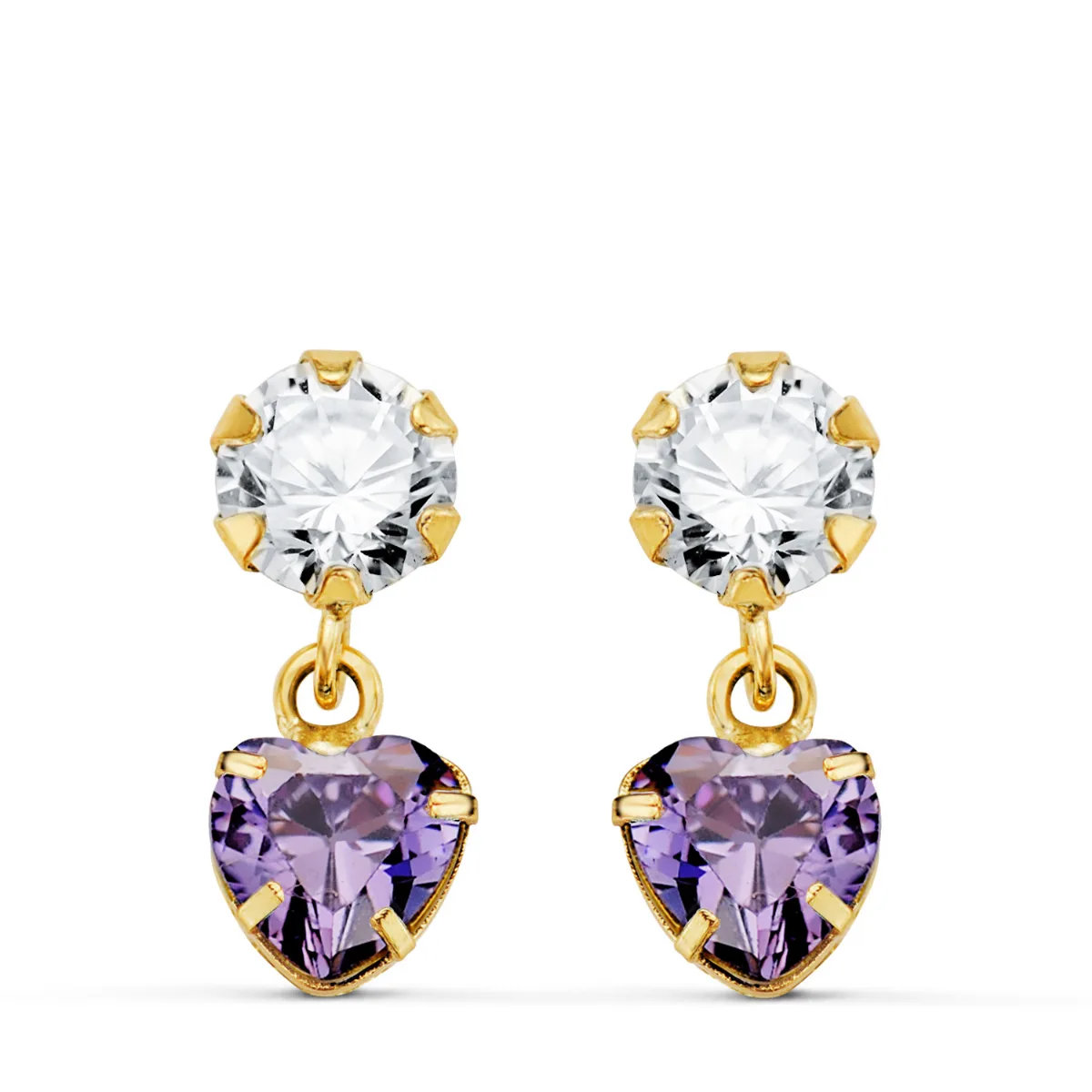 18K PENDIENTES ORO AMARILLO DOS CUERPOS CON CIRCONITA Y AMATISTA CORAZON 14 X 5MM. CIERRE PRESION
