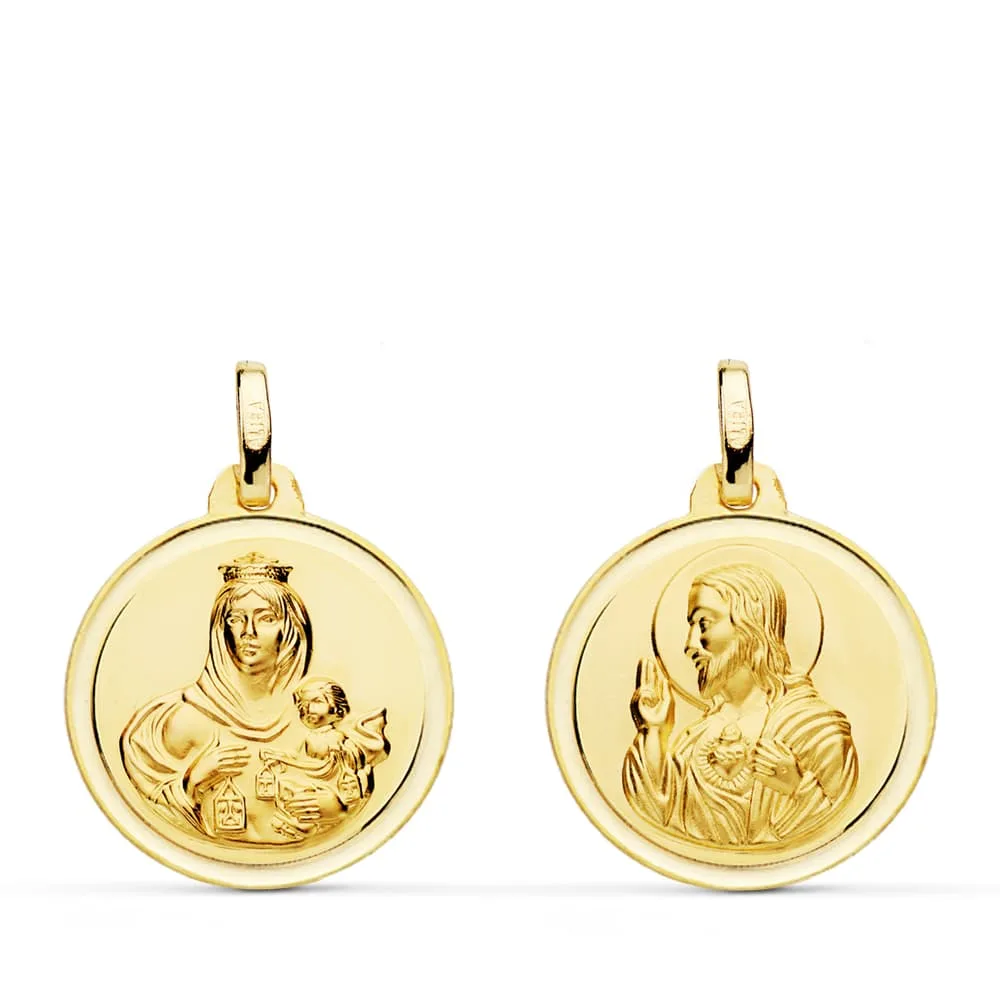 18K ESCAPULARIO ORO AMARILLO BISEL ORO AMARILLO VIRGEN DEL CARMEN CORAZON DE JESUS 18 MM