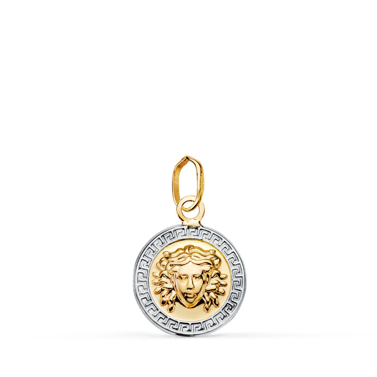 18K MEDALLA ORO BICOLOR MEDUSA GRECA EN BRILLO. MEDIDA: 12 MM