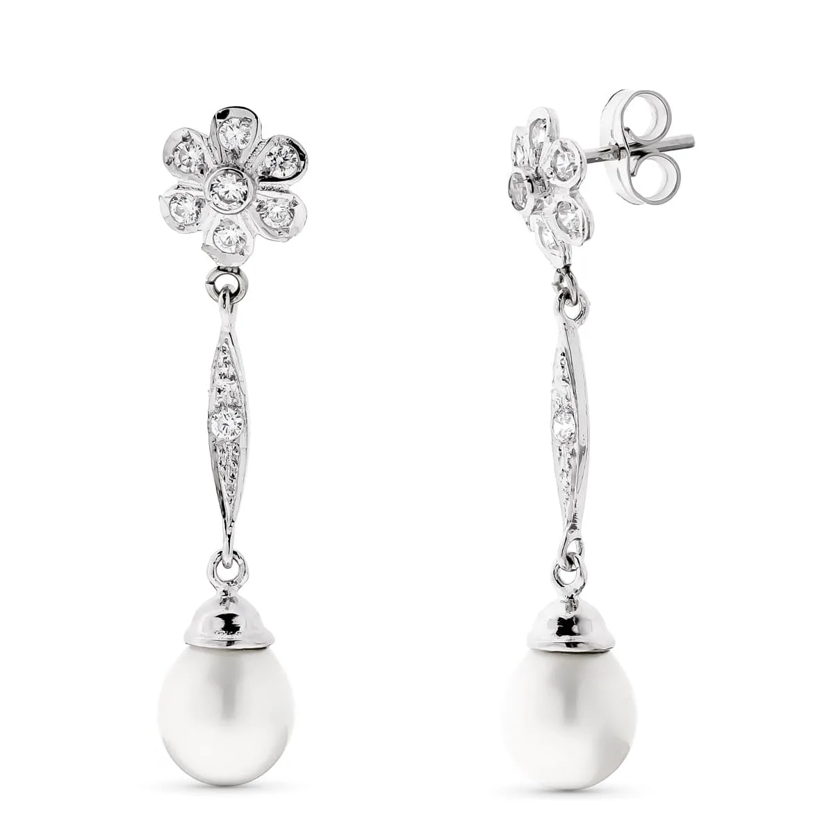 18K PENDIENTES PERLA Y FLOR ORO BLANCO CIERRE PRESION