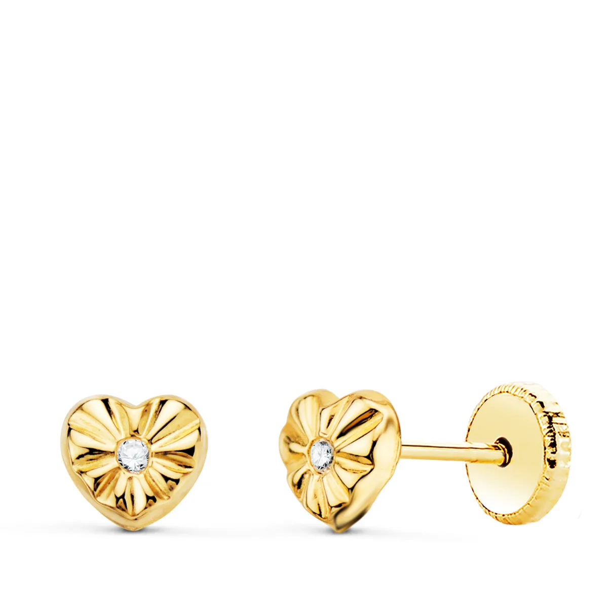 18K PENDIENTES ORO AMARILLO CORAZON CON CIRCONITA 5 X 5 MM CIERRE TUERCA