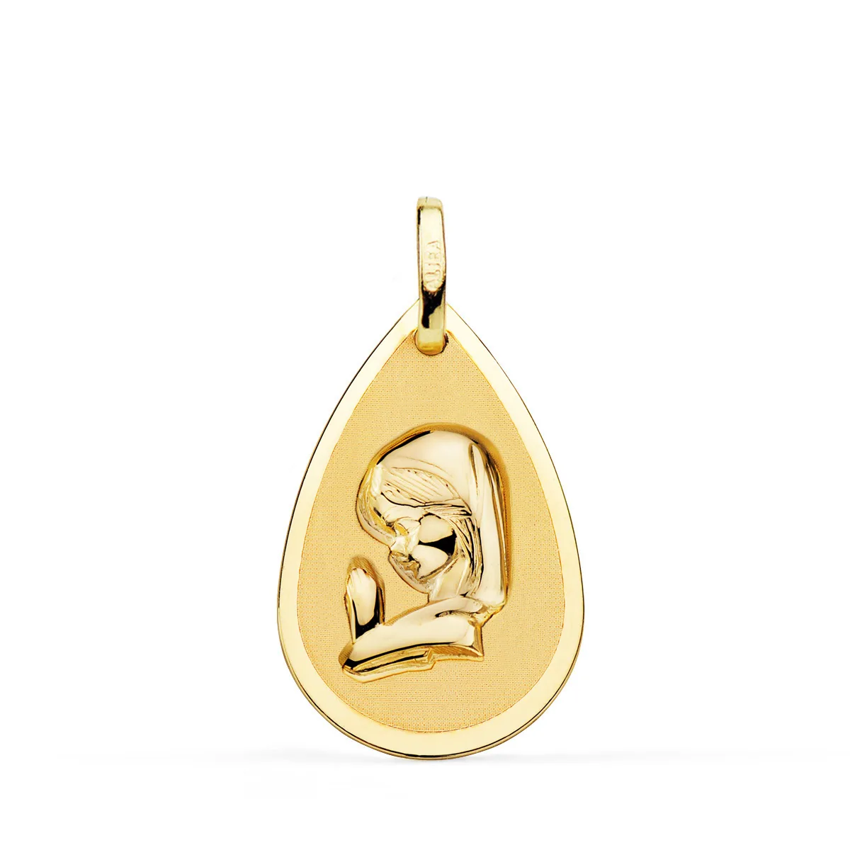 18K MEDALLA ORO AMARILLO VIRGEN NIÑA GOTA EN BRILLO Y MATE 23X15 MM