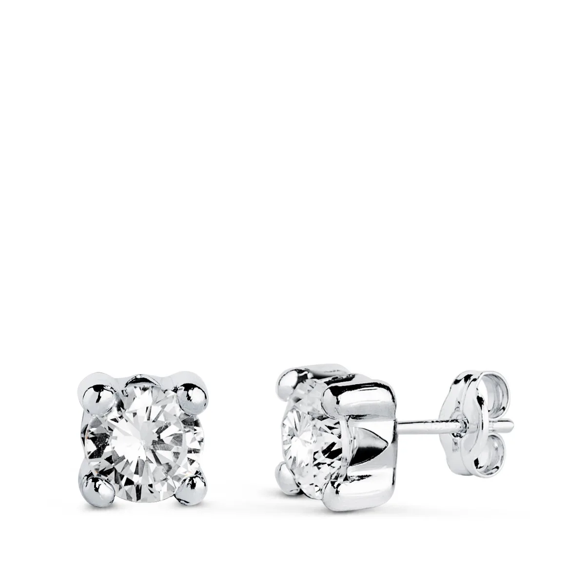 9K PENDIENTES ORO BLANCO CIRCONITA 5 MM 4 GARRAS CIERRE PRESION