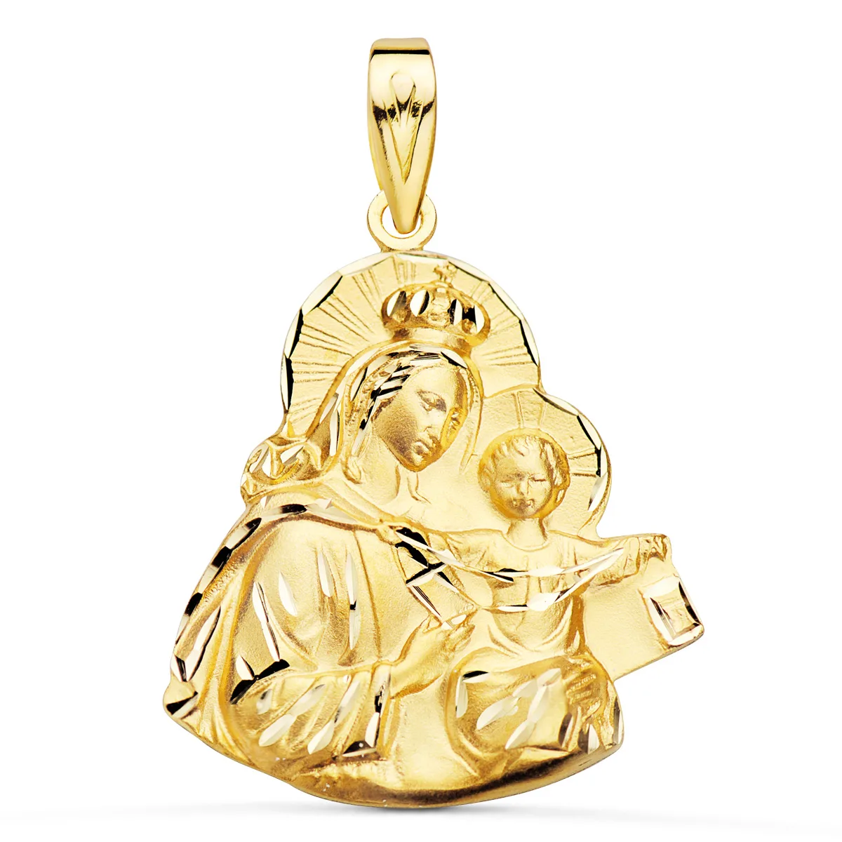 18K MEDALLA ORO AMARILLO VIRGEN DEL CARMEN SILUETA TALLADA 25X23 MM