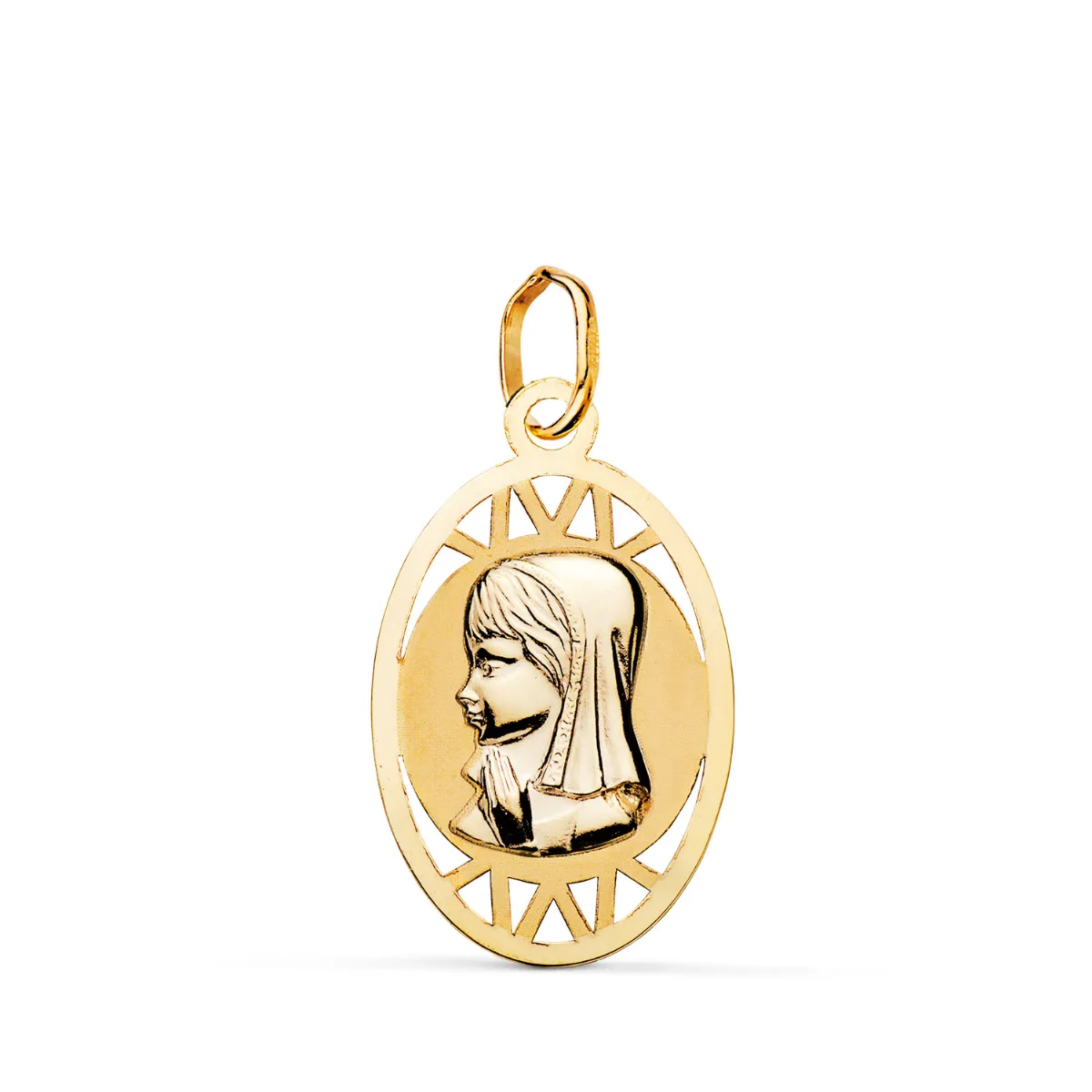 9K MEDALLA ORO AMARILLO VIRGEN NIÑA OVAL CALADA MATE Y BRILLO. MEDIDA: 21 X 13 MM