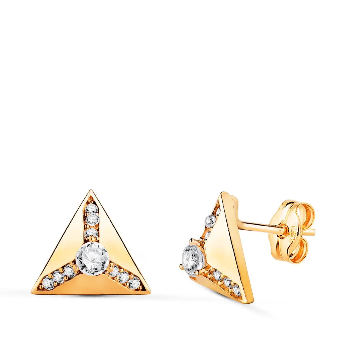 18K PENDIENTES ORO AMARILLO TRIANGULO PIRAMIDE CON CIRCONITAS EN BRILLO. MEDIDA: 10 X 10 MM.CIERR PRESION