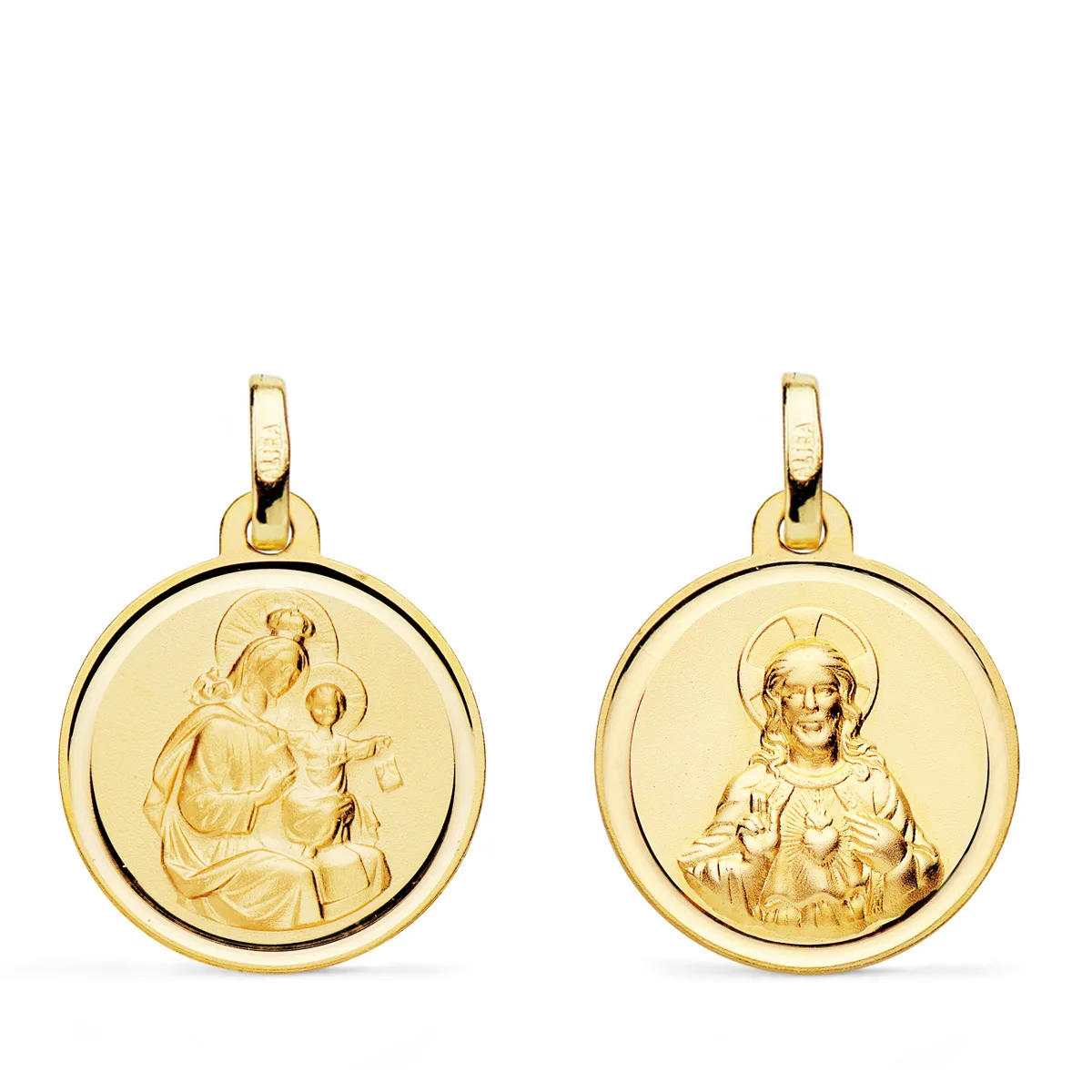 18K ESCAPULARIO ORO AMARILLO VIRGEN DEL CARMEN Y CORAZON DE JESUS BISEL 18 MM
