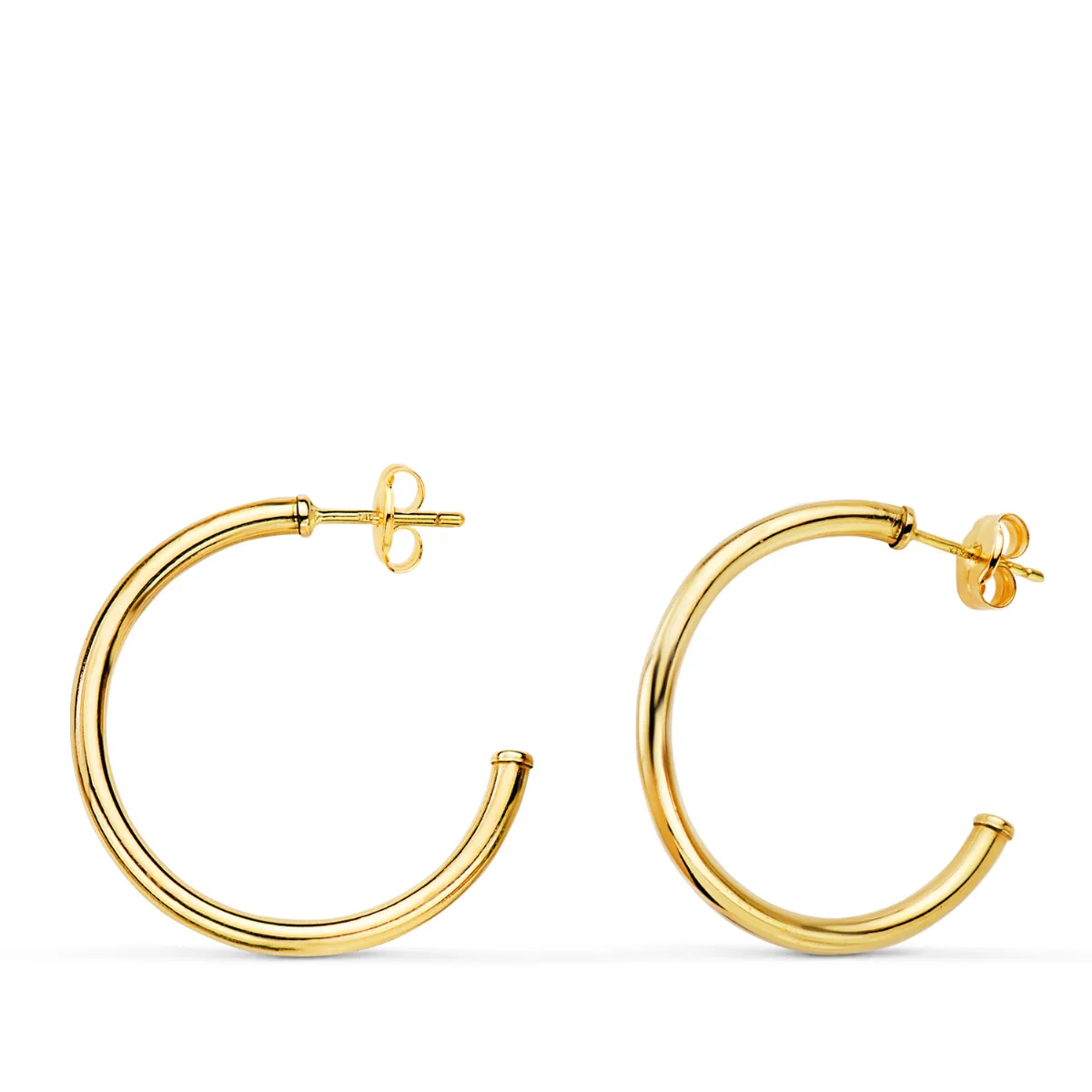 18K AROS ORO AMARILLO ABIERTOS TUBO REDONDO 25 X 2MM. CIERRE PRESION