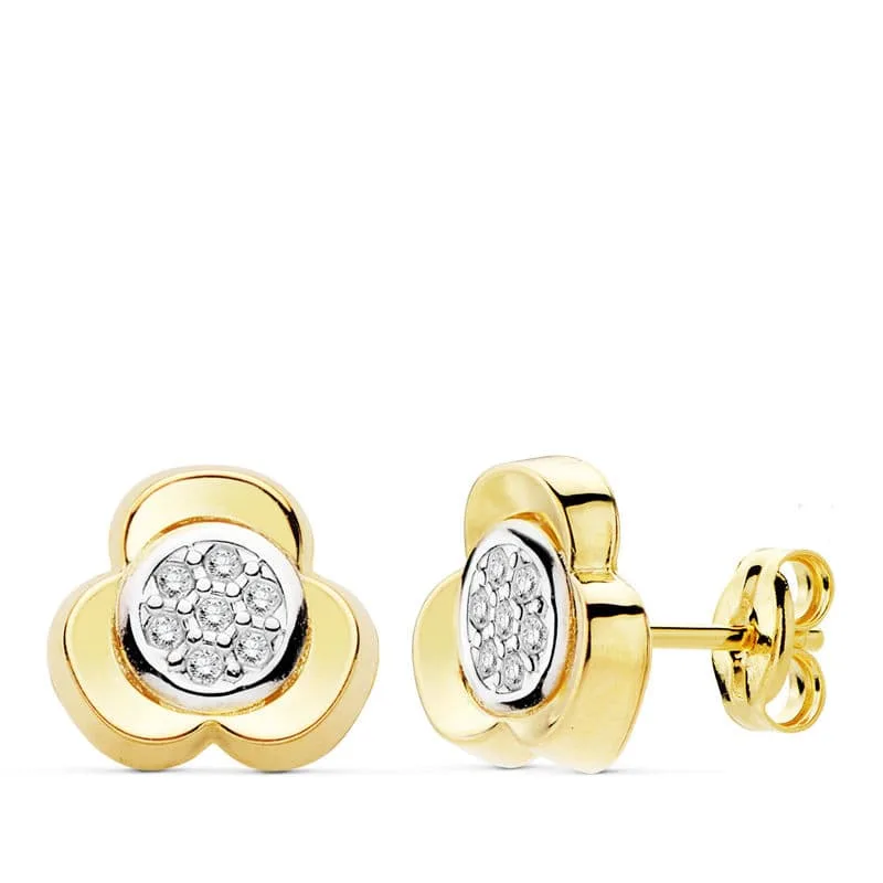 18K PENDIENTES ORO BICOLOR TREBOL CIRCONITA 10M CIERRE PRESION