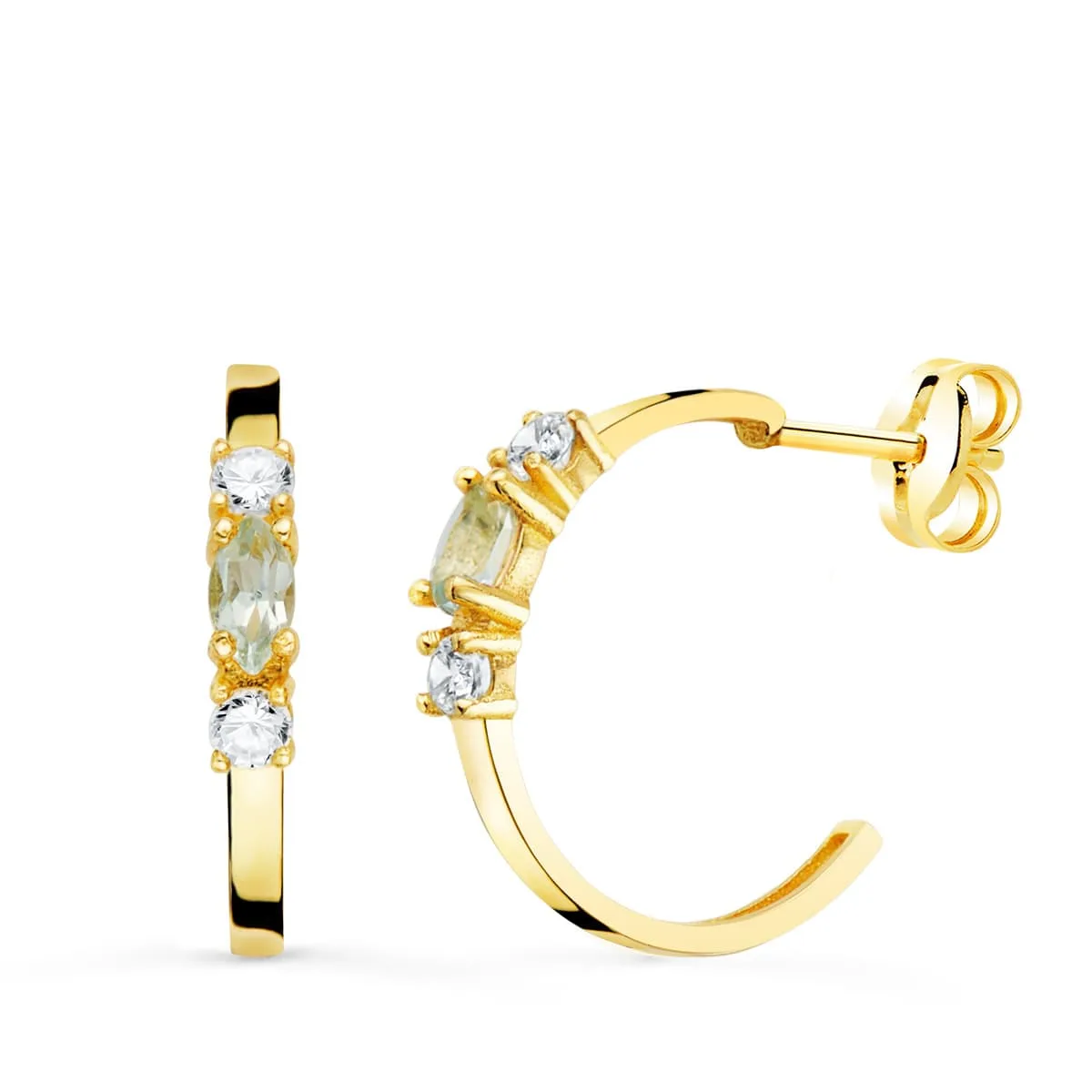 18K PENDIENTES ORO AMARILLO 1 2 ARO AGUAMARINA TALLA MARQUISE. 15X2 MM PRESION